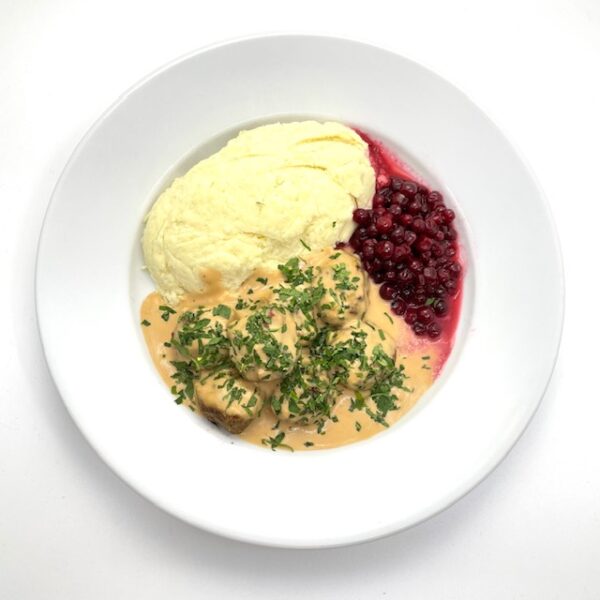 Köttbullar, potatis, gräddsås & lingon 1 port
